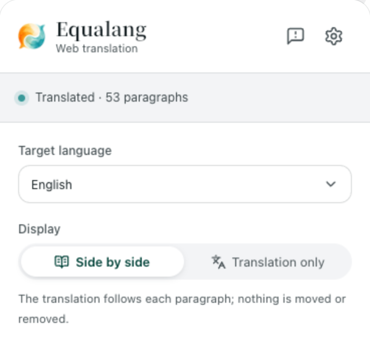 Equalang extension settings panel