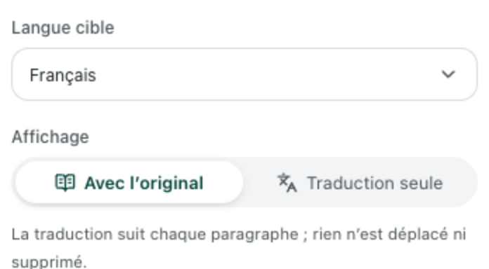 Panneau de réglages de l'extension Equalang