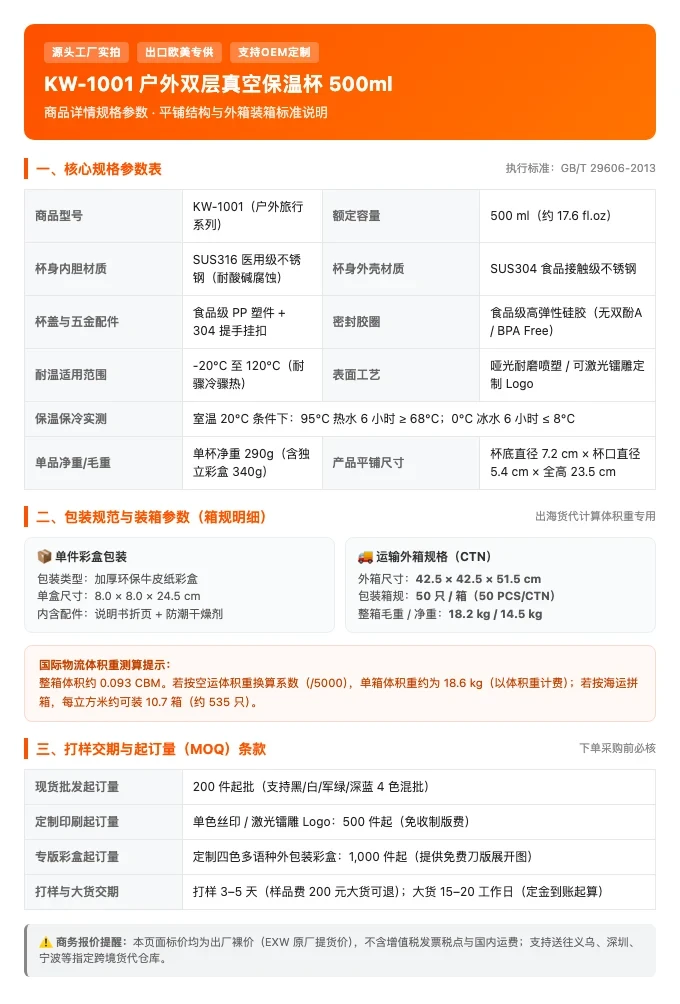 Team-created sample of product specification and carton dimensions, showing model KW-1001 tumbler, SUS316 material, temperature range, carton quantity, and dimensions