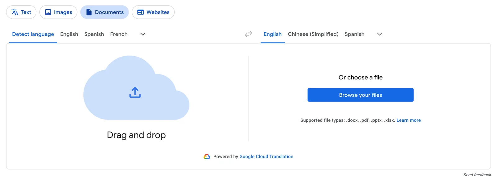 Google 翻译桌面网页端文档翻译标签页截图，支持拖拽上传 docx、pdf、pptx 和 xlsx 文件