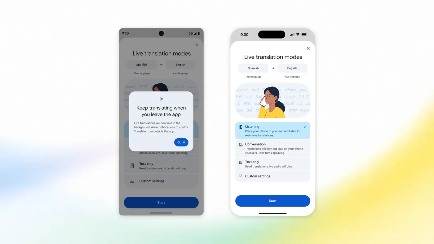 Google 实时翻译模式选择界面截图，包含聆听模式、对话模式和仅文本模式