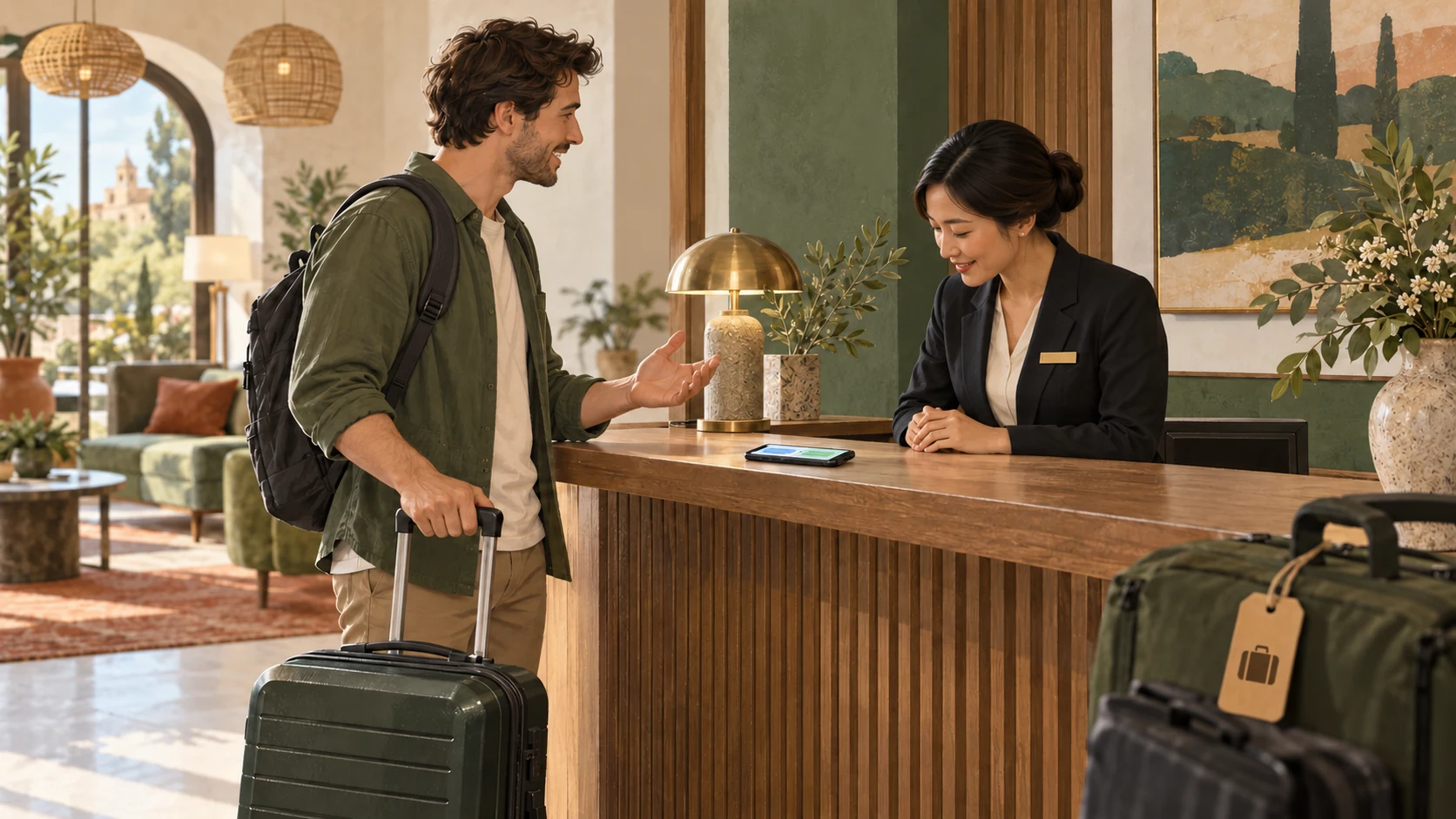 Hotel front desk luggage storage scene
