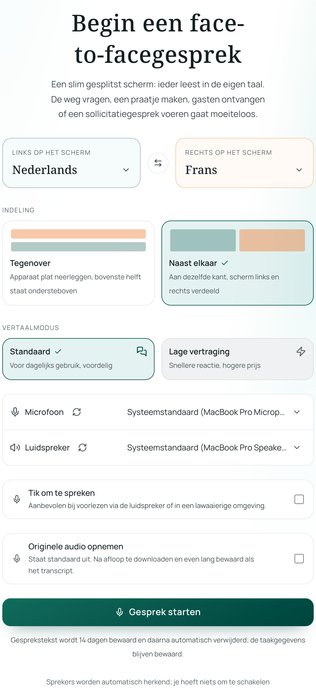 Instellingen voor het gesprek