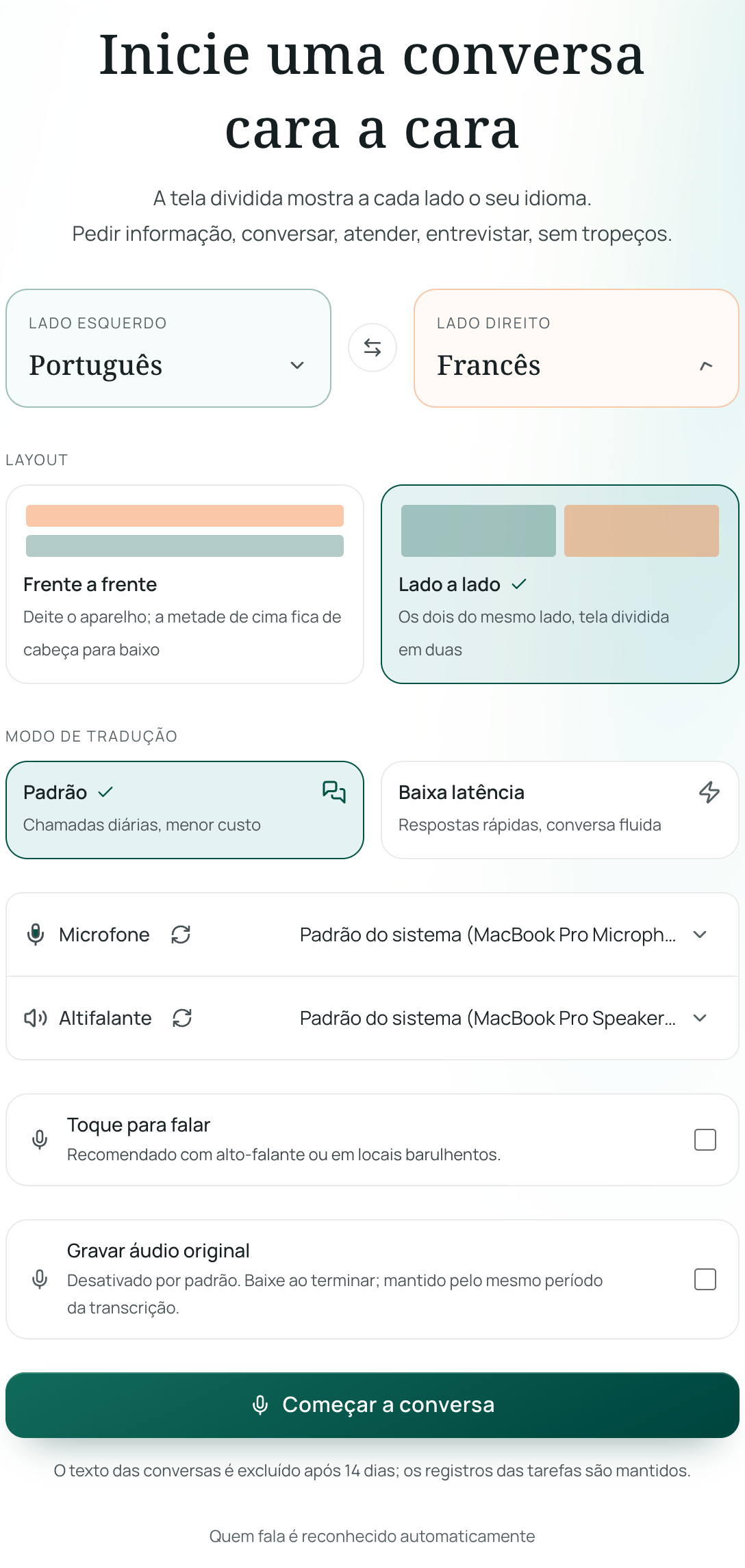 Configuração do Frente a frente