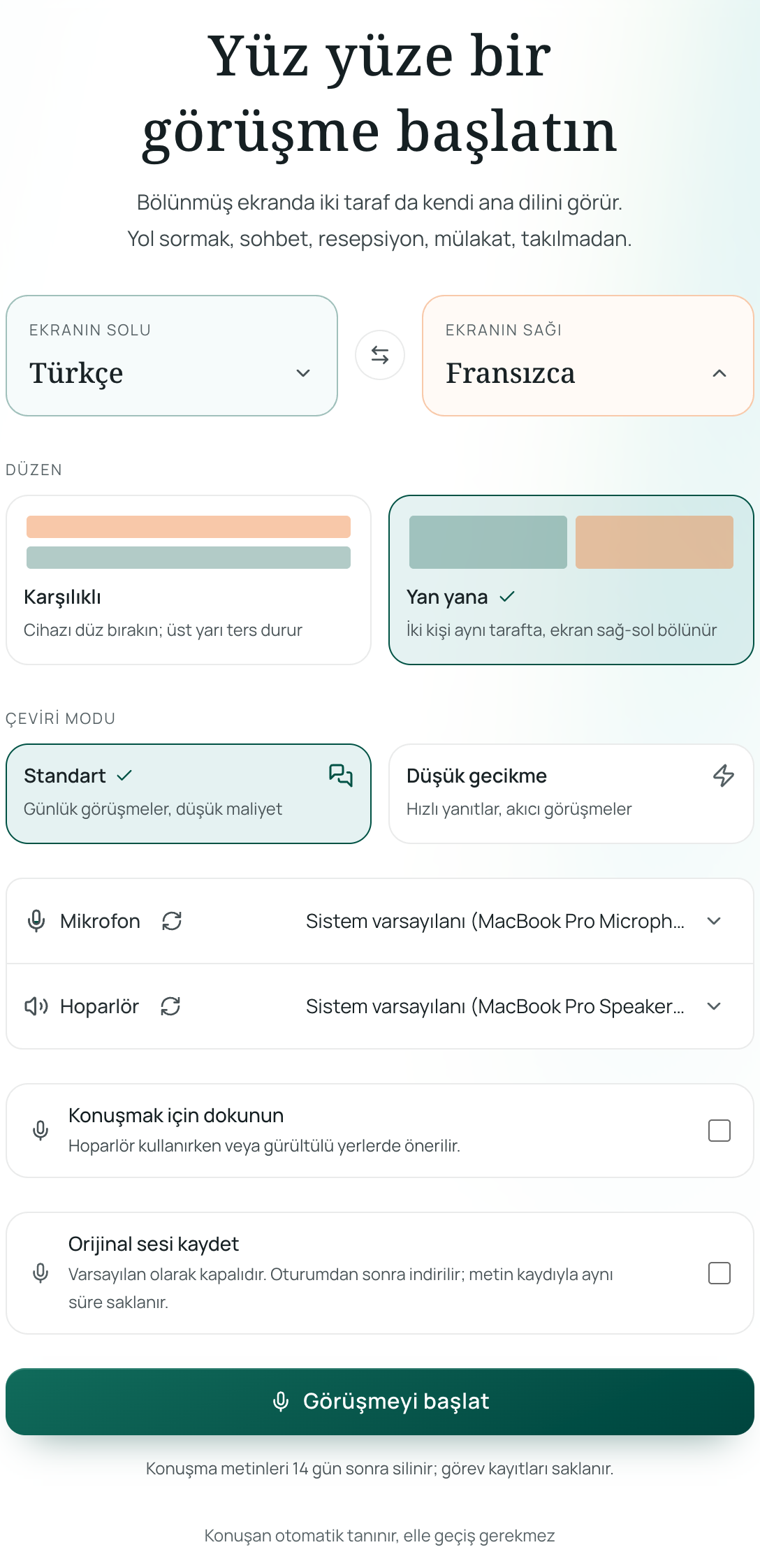 Yüz yüze çeviri ayarları