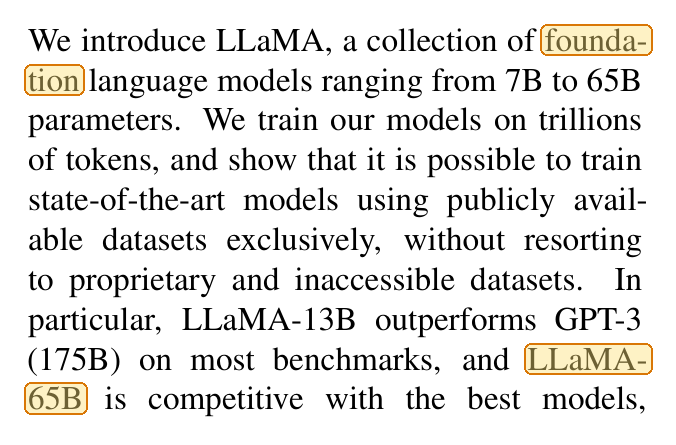 The opening of the LLaMA abstract with two line breaks highlighted: founda-tion, and LLaMA-65B