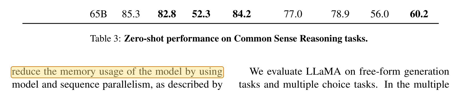 The foot of Table 3 on page 4, its caption, and below it the rest of the sentence, highlighted