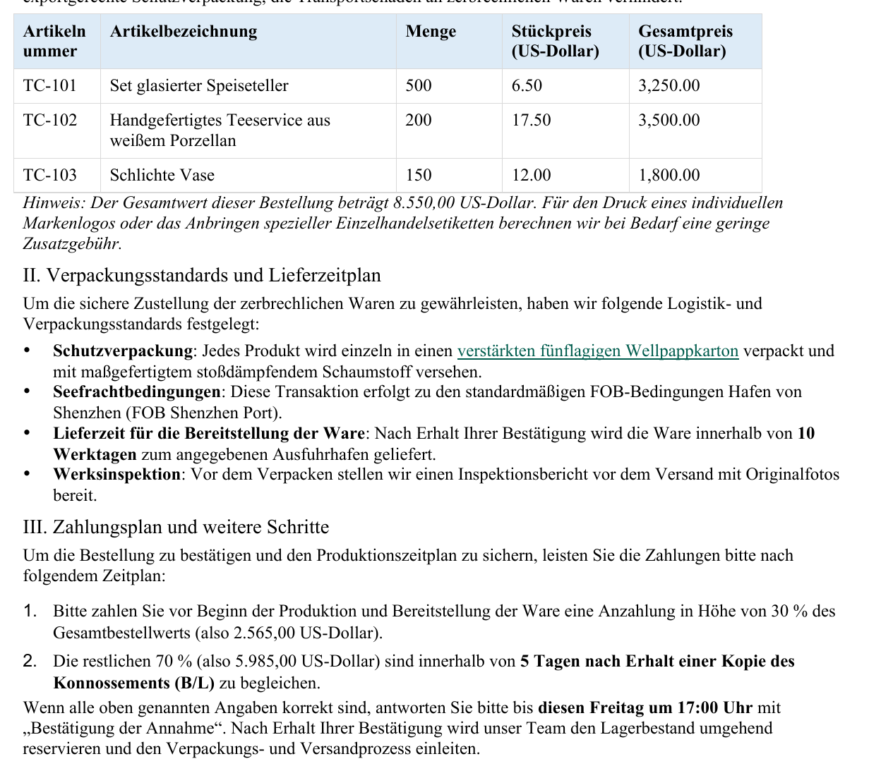 Detailansicht der übersetzten deutschen Tabelle und Listen