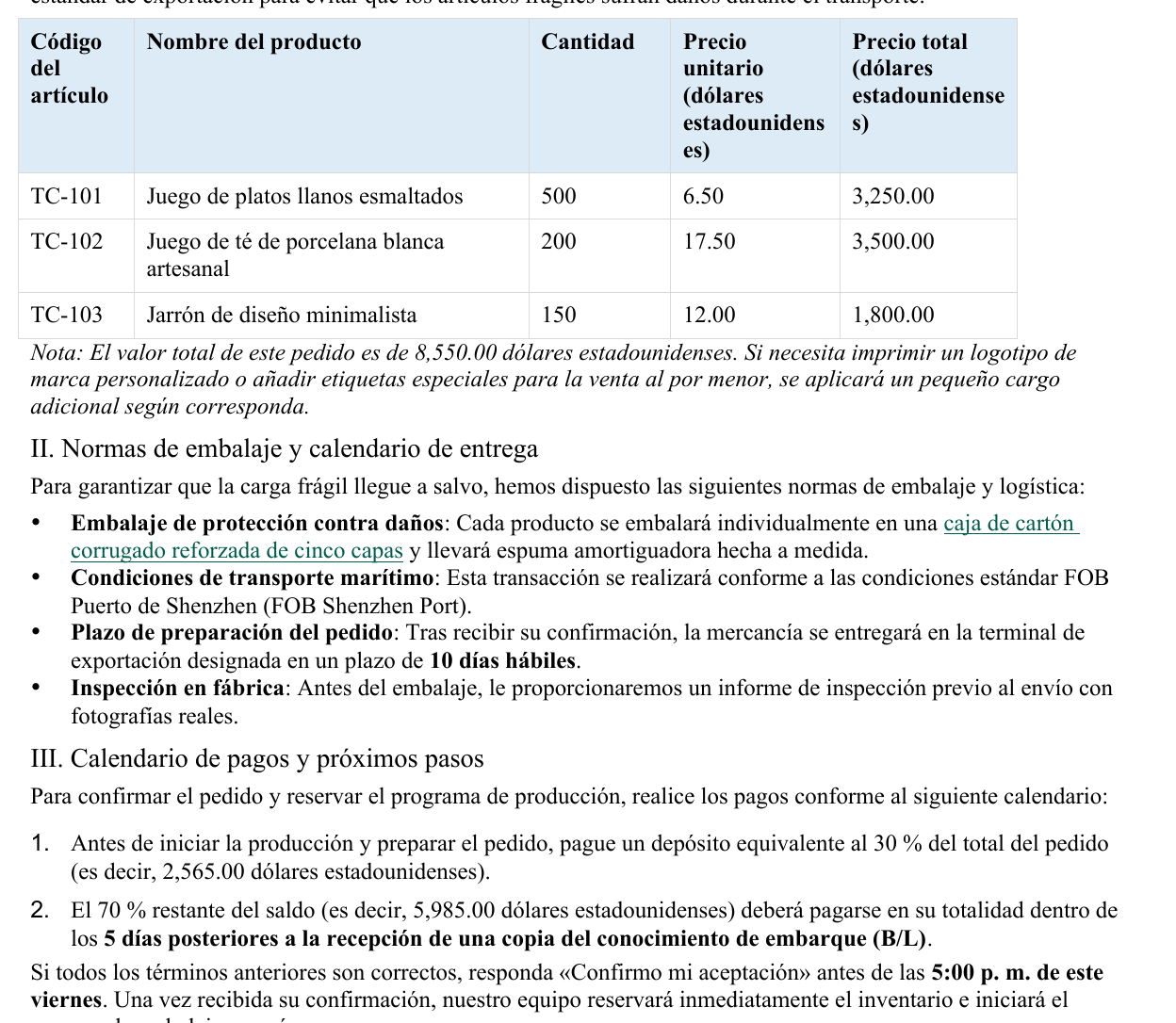 Vista detallada de la tabla y las listas traducidas al español