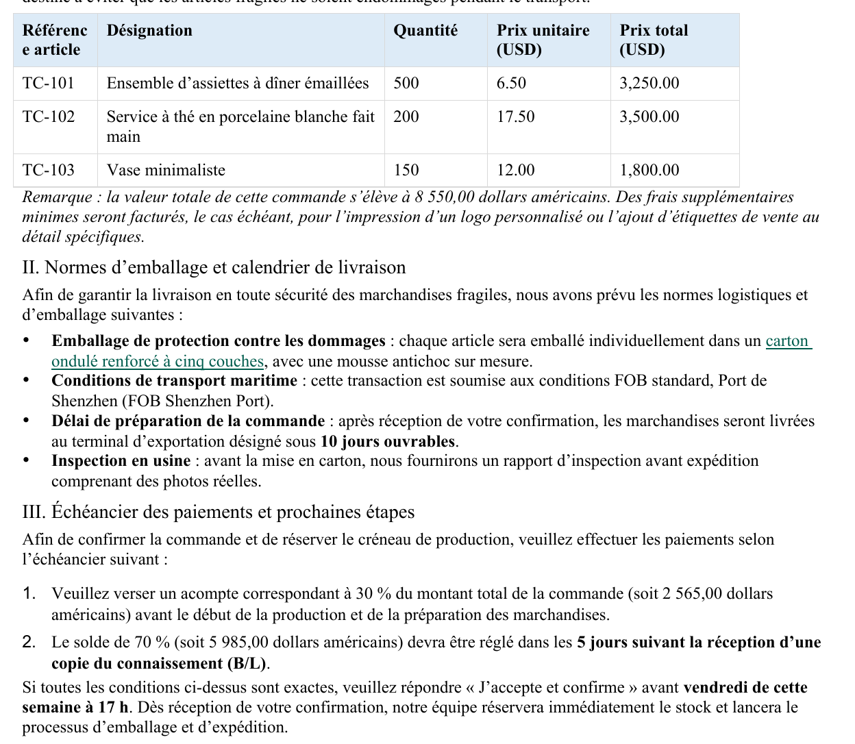 Vue détaillée du tableau et des listes traduits en français