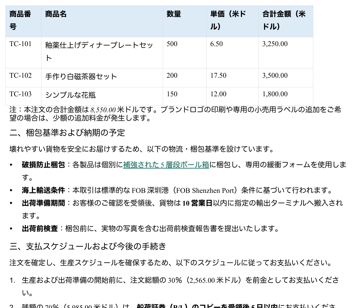 日本語訳の表とリストの詳細