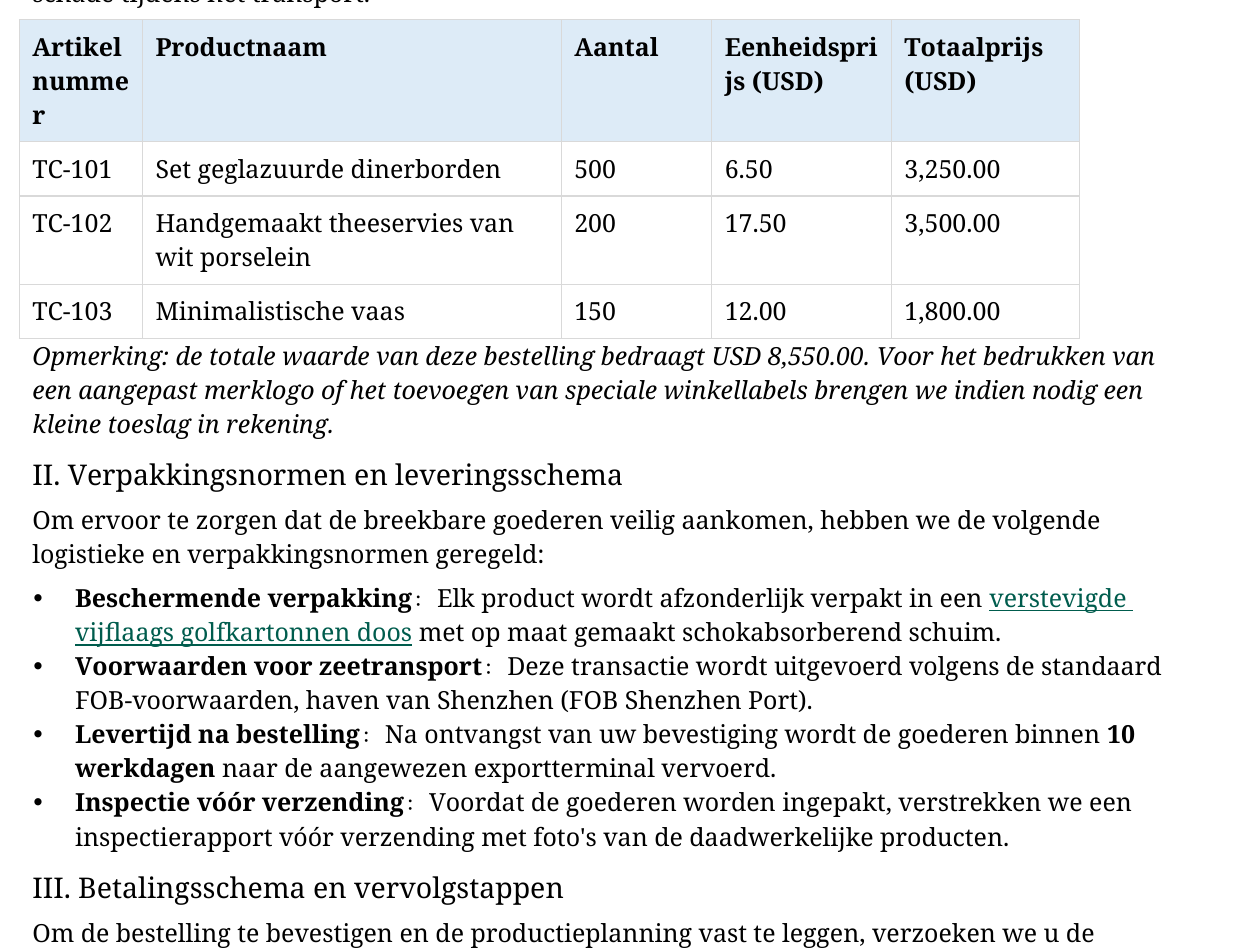 Detailweergave van de vertaalde Nederlandse tabel en lijsten