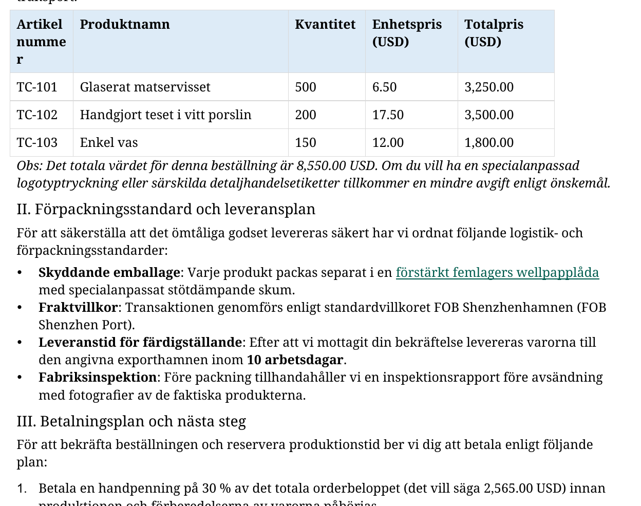 Detaljerad vy av den översatta tabellen och listorna på svenska