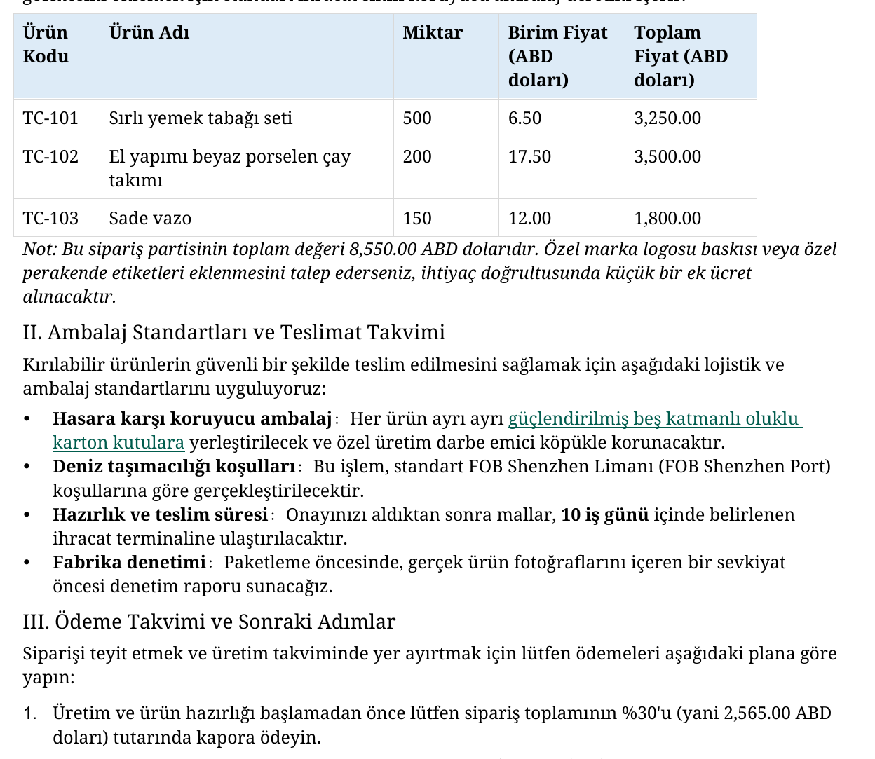 Türkçe çevrilmiş tablonun ve listelerin ayrıntılı görünümü