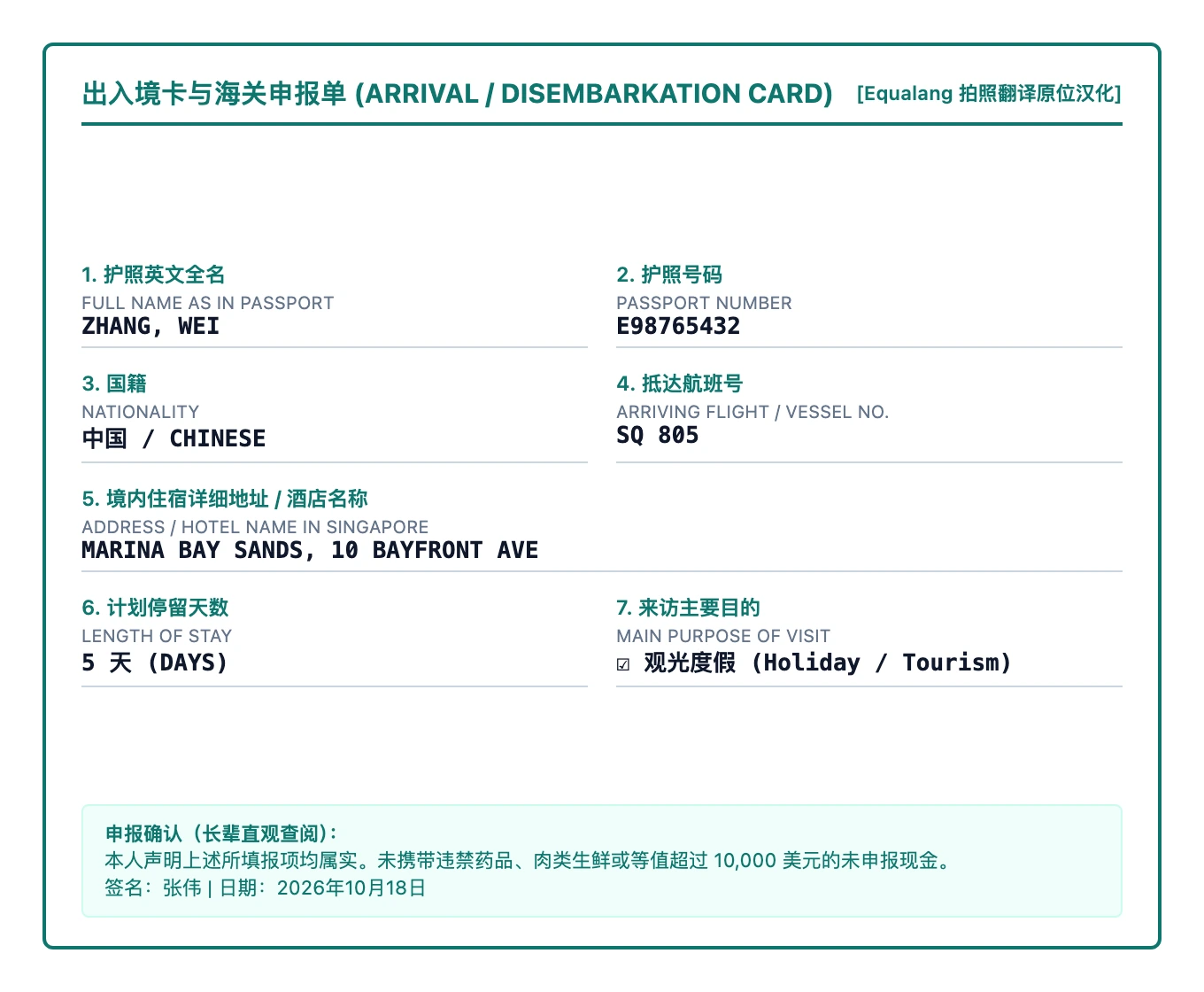 Illustrative sample of in-place photo translation overlay on a paper customs declaration form