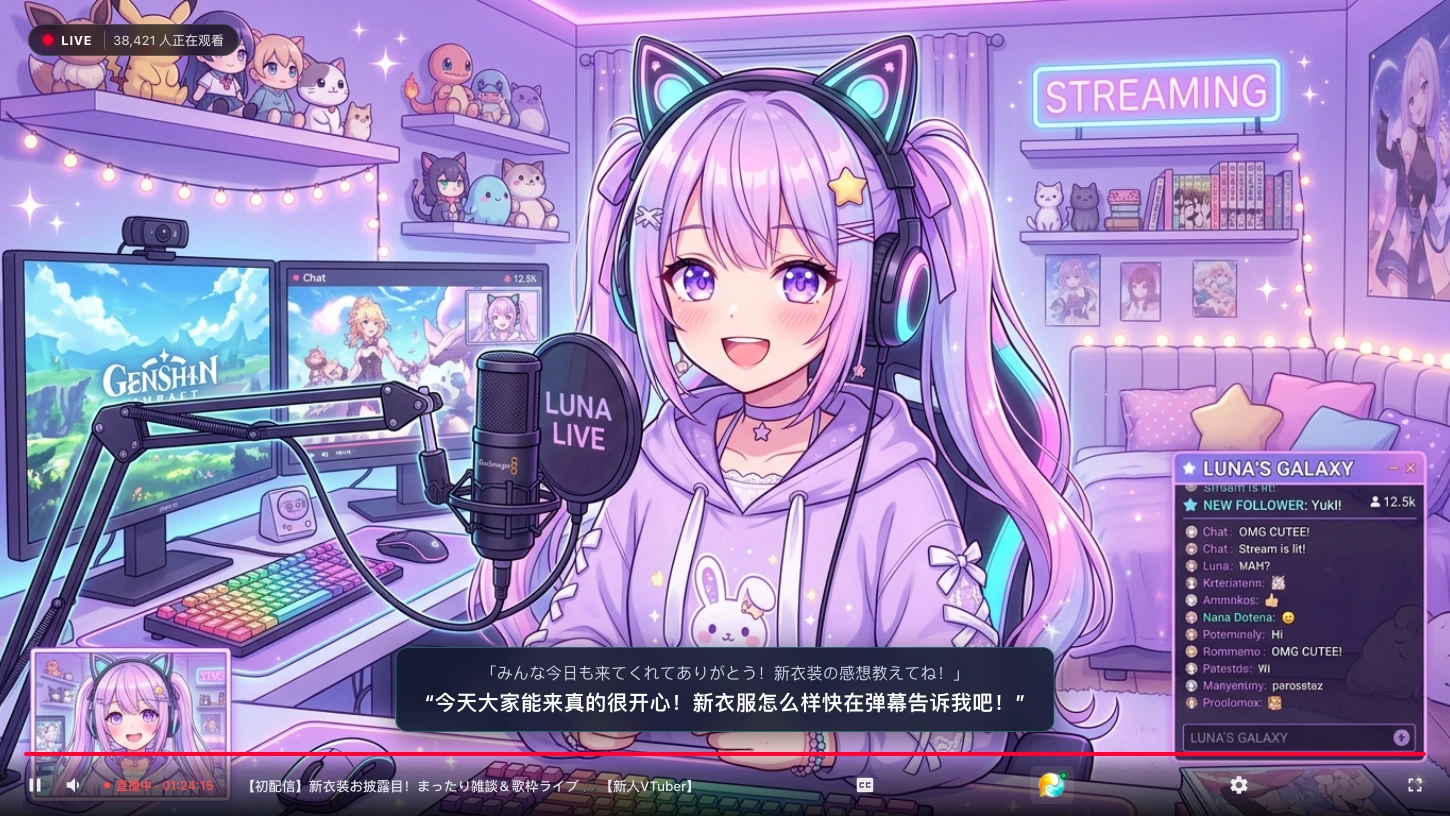 Illustrative diagram of real-time bilingual subtitle display for raw livestreams