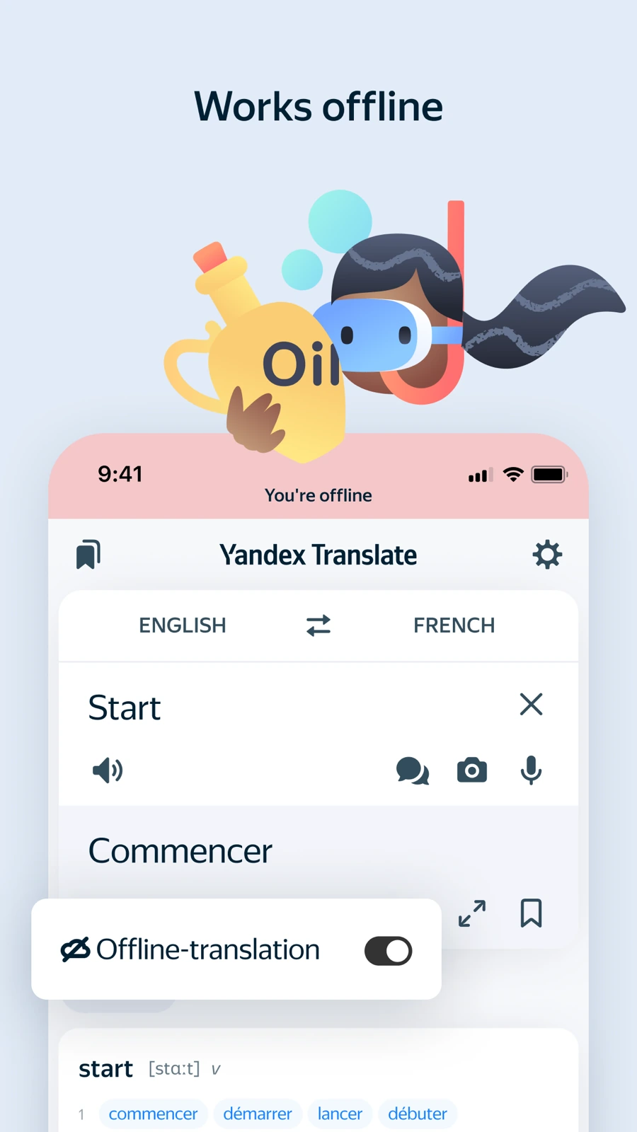 Yandex Translate offline translation toggle interface